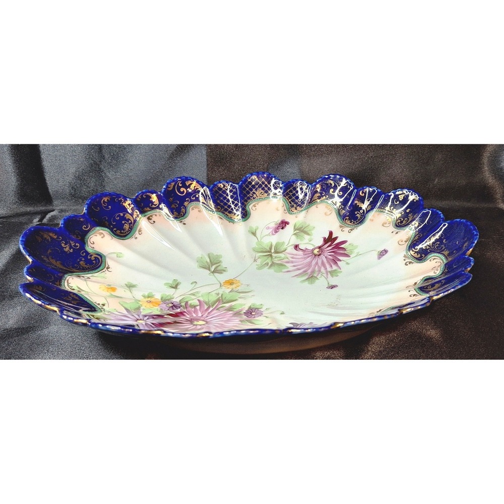 Vintage Cobalt Blue Gold Gilt Scalloped Porcelain Floral Serving Bowl 1890s-1915